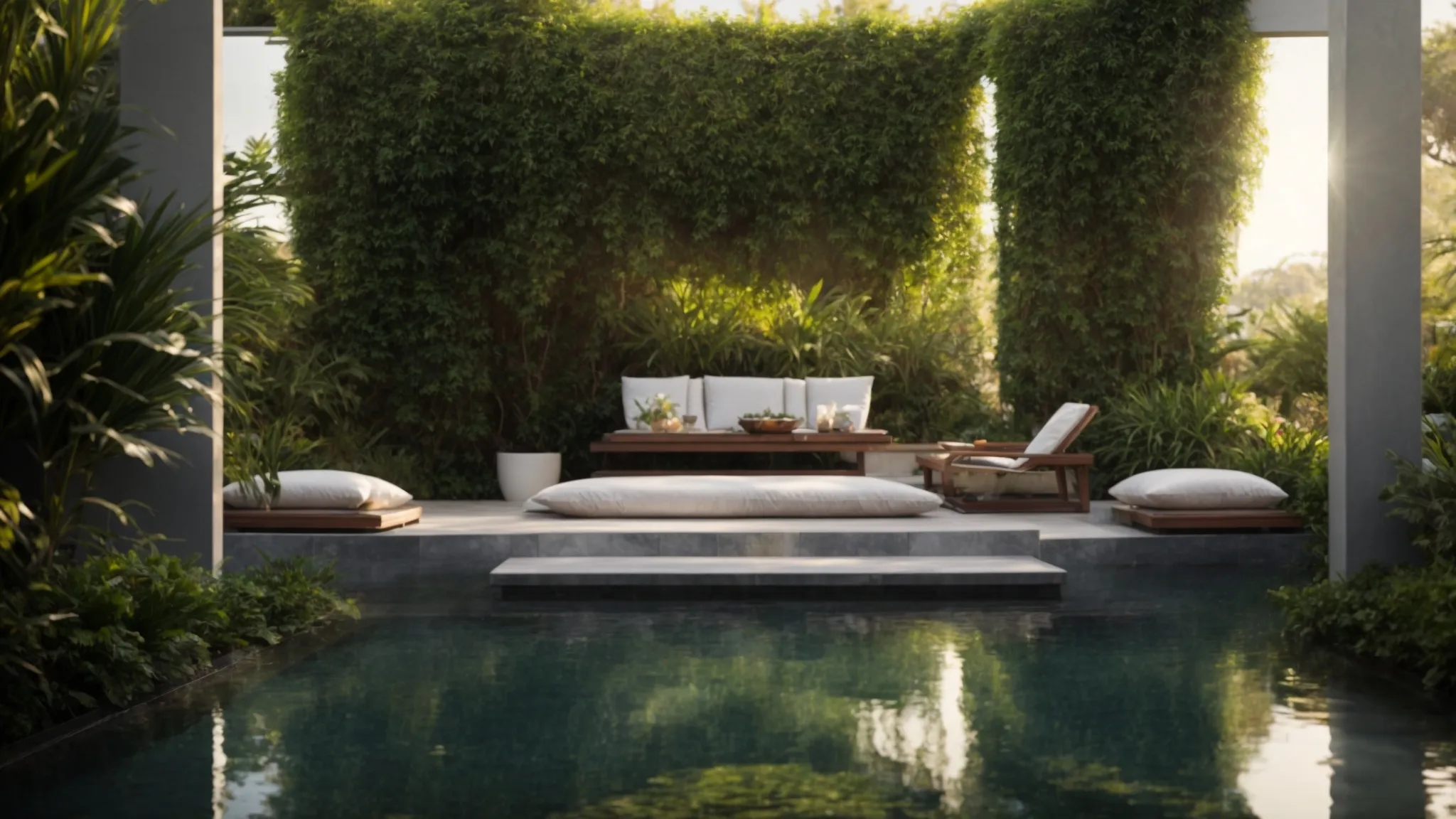 a serene garden oasis featuring a sleek marble cascade centerpiece surrounded by lush greenery and the gentle presence of birds.