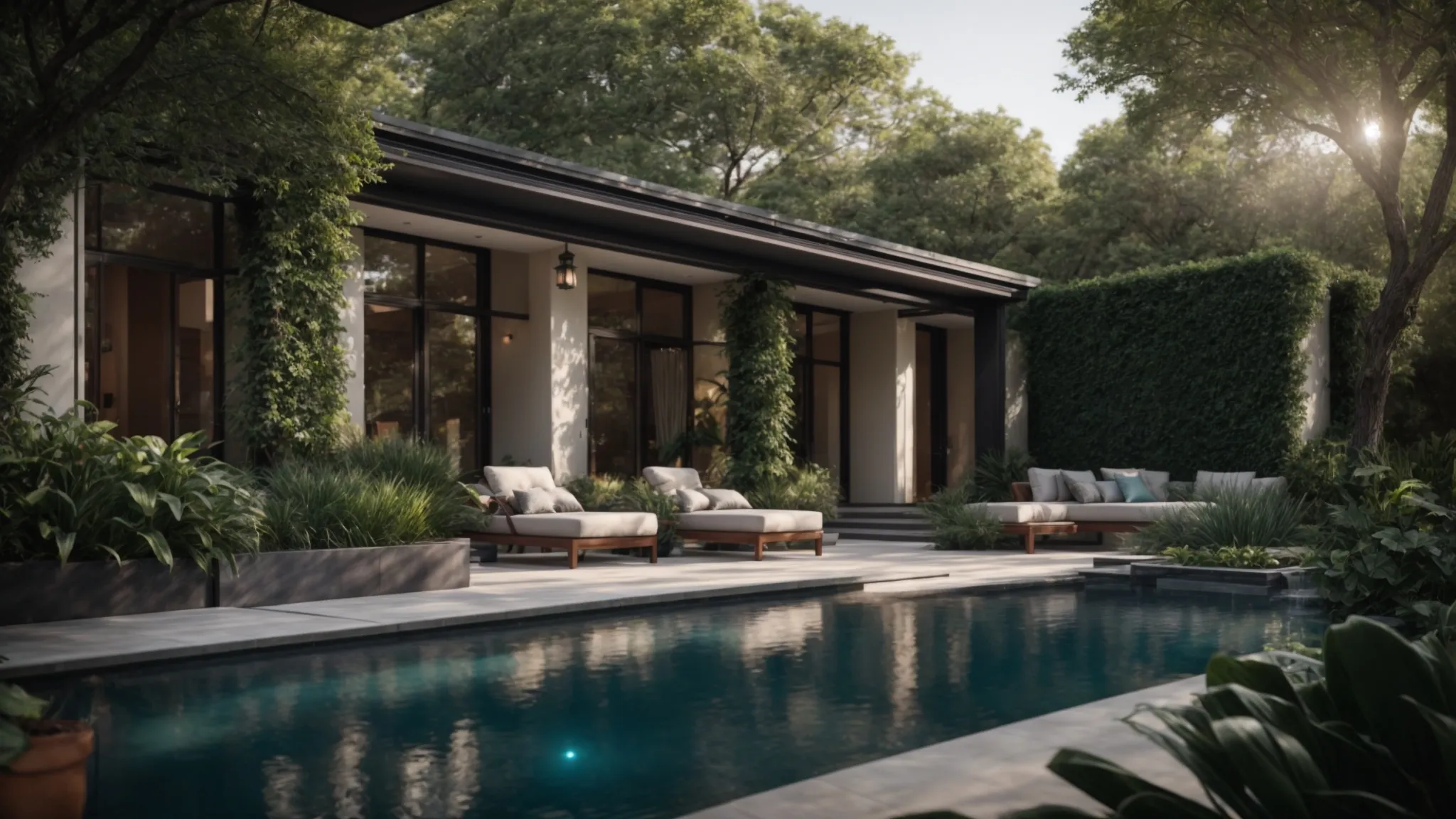 a tranquil pool surrounded by lush greenery and elegant stone features, creating a harmonious and luxurious outdoor oasis in toronto.