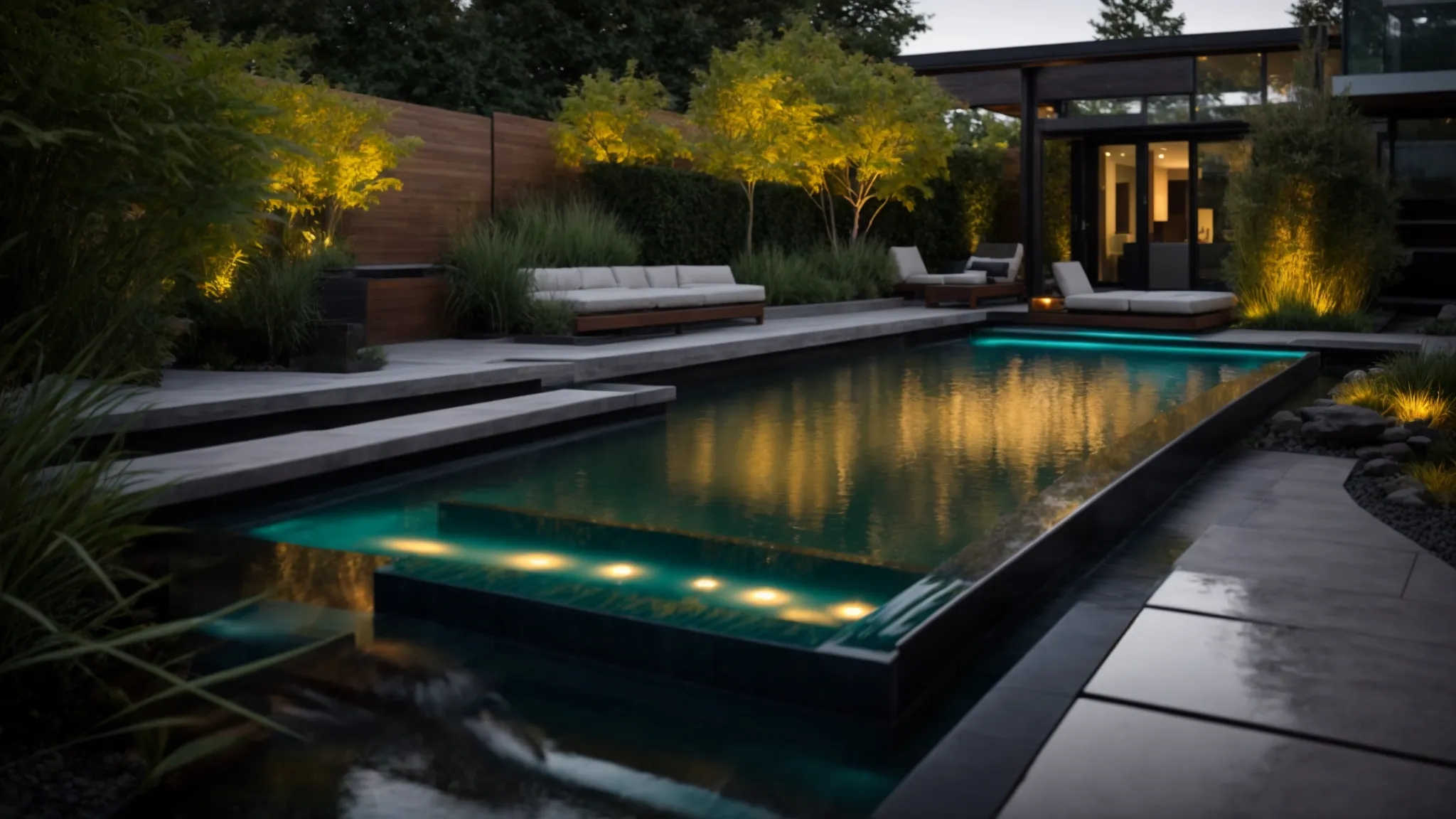 a modern custom water feature in a toronto garden, with illuminated streams and glowing ponds creating a tranquil and captivating atmosphere.