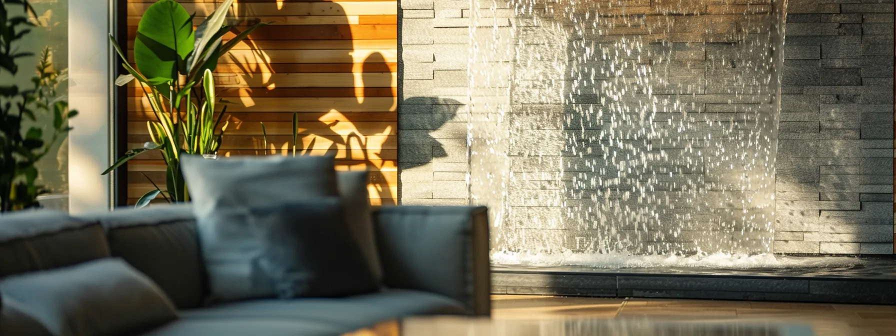 a luxurious water wall fountain cascading peacefully in a modern, tranquil living room.