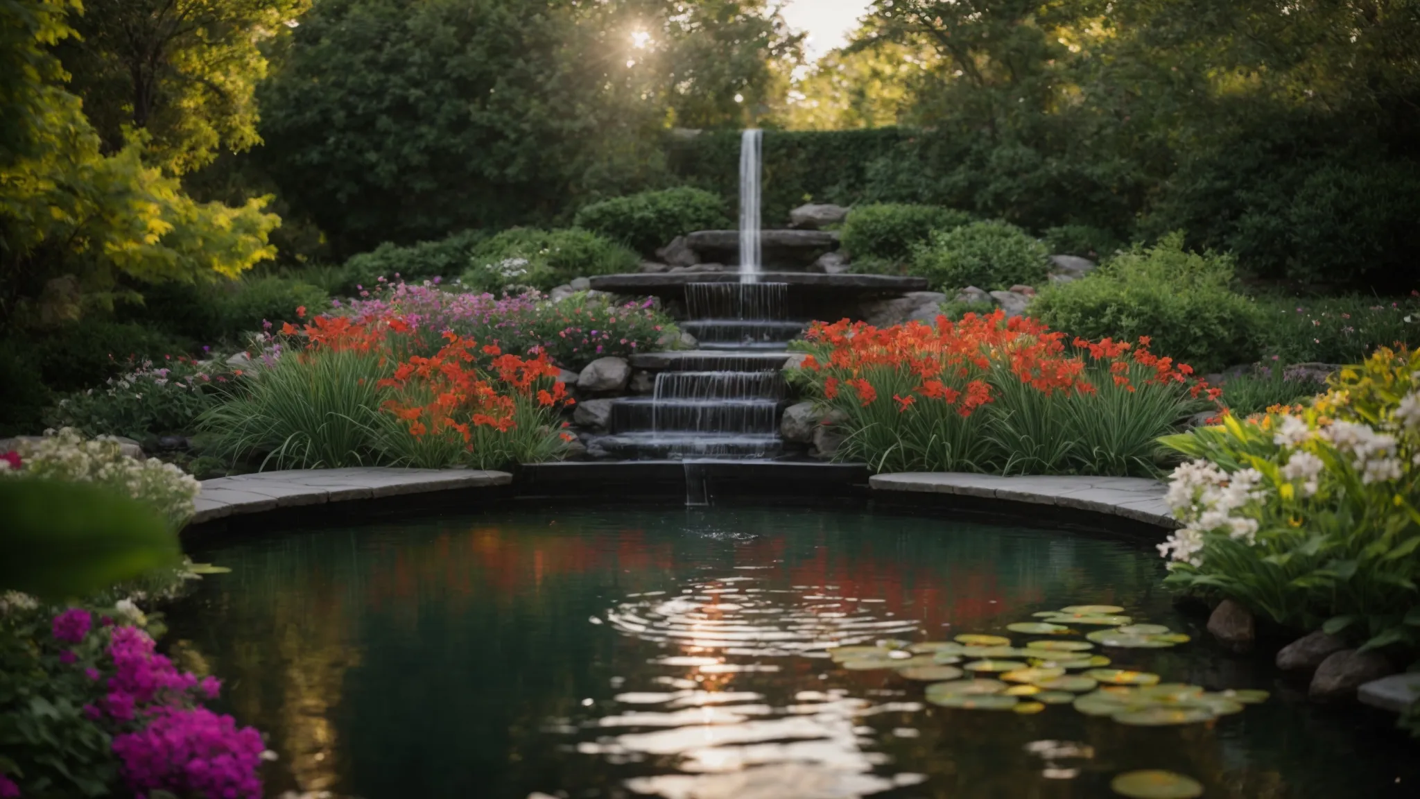 a serene pond surrounded by lush greenery and colorful flowers, with a modern fountain gently cascading water into the peaceful oasis in toronto.