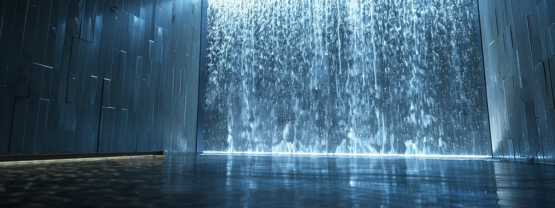 a mesmerizing indoor water wall glistening under the soft light of a fountains.