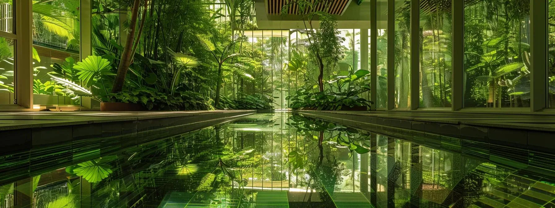 a mesmerizing indoor infinity reflection pool surrounded by lush green foliage.