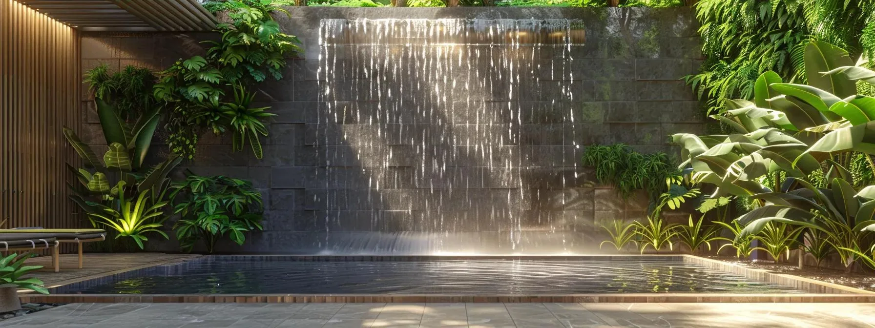 a serene backyard oasis featuring a sleek, modern water wall fountain surrounded by lush green plants.